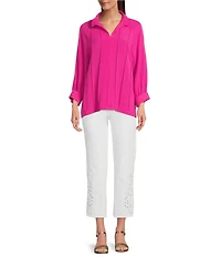 John Mark Wire Collar Split V-Neck 3/4 Sleeve Pintuck Detail Top