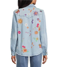 John Mark Woven All Over Embroidered Floral Butterfly Star Print Point Collar Long Roll-Tab Sleeve Button Front Blouse