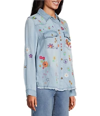 John Mark Woven All Over Embroidered Floral Butterfly Star Print Point Collar Long Roll-Tab Sleeve Button Front Blouse