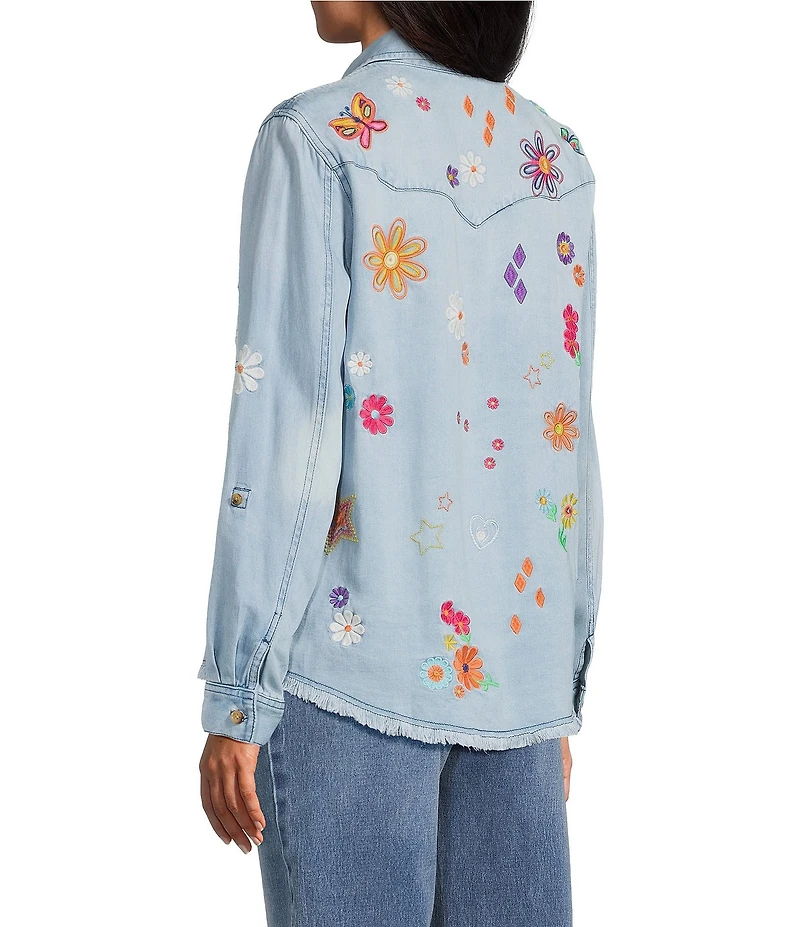 John Mark Woven All Over Embroidered Floral Butterfly Star Print Point Collar Long Roll-Tab Sleeve Button Front Blouse