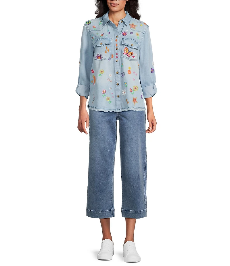 John Mark Woven All Over Embroidered Floral Butterfly Star Print Point Collar Long Roll-Tab Sleeve Button Front Blouse