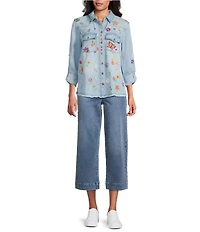John Mark Woven All Over Embroidered Floral Butterfly Star Print Point Collar Long Roll-Tab Sleeve Button Front Blouse