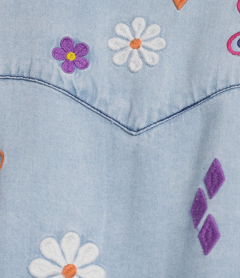 John Mark Woven All Over Embroidered Floral Butterfly Star Print Point Collar Long Roll-Tab Sleeve Button Front Blouse