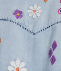 John Mark Woven All Over Embroidered Floral Butterfly Star Print Point Collar Long Roll-Tab Sleeve Button Front Blouse