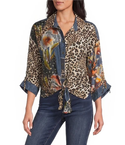 John Mark Woven Animal and Floral Print Point Collar 3/4 Sleeve Front Tie Top