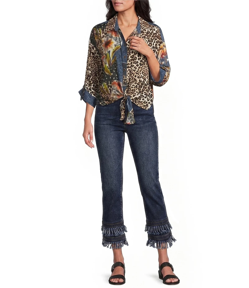 John Mark Woven Animal and Floral Print Point Collar 3/4 Sleeve Front Tie Top