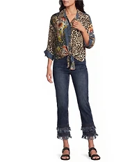 John Mark Woven Animal and Floral Print Point Collar 3/4 Sleeve Front Tie Top