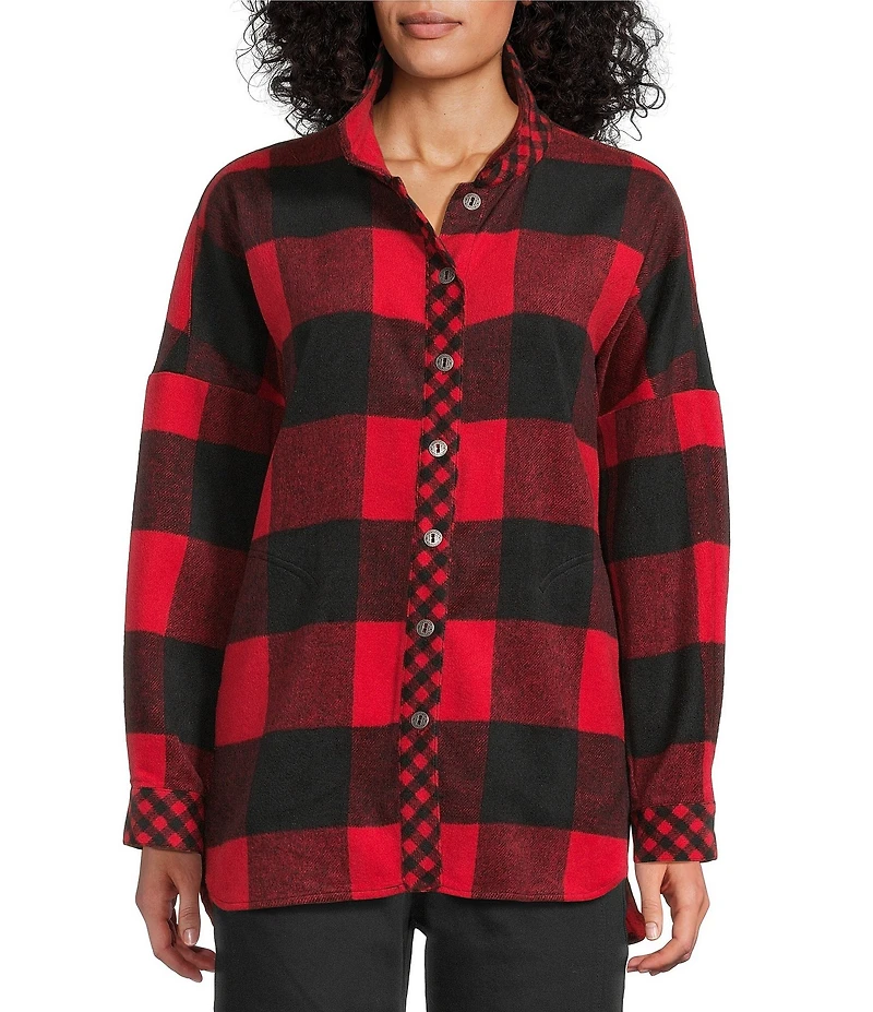 John Mark Woven Buffalo Plaid Wire Collar Long Sleeve Hi-Low Hem Button Front Tunic