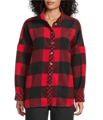 John Mark Woven Buffalo Plaid Wire Collar Long Sleeve Hi-Low Hem Button Front Tunic