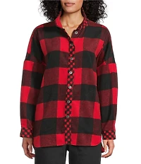 John Mark Woven Buffalo Plaid Wire Collar Long Sleeve Hi-Low Hem Button Front Tunic