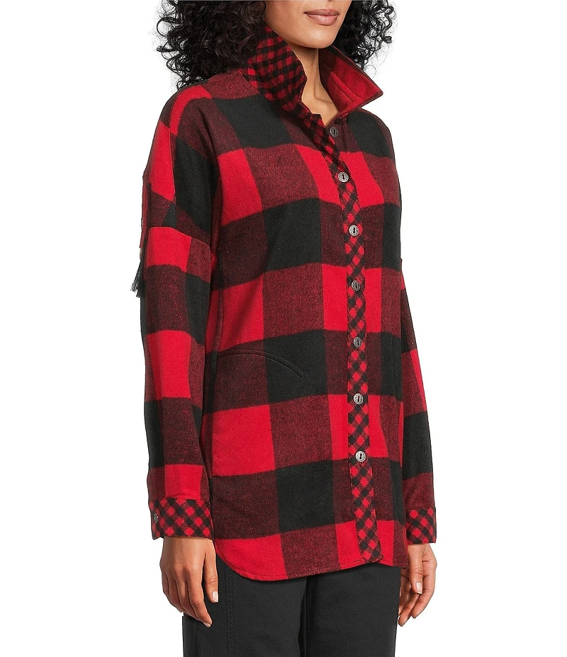 John Mark Woven Buffalo Plaid Wire Collar Long Sleeve Hi-Low Hem Button Front Tunic