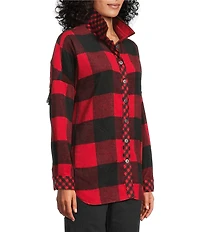 John Mark Woven Buffalo Plaid Wire Collar Long Sleeve Hi-Low Hem Button Front Tunic