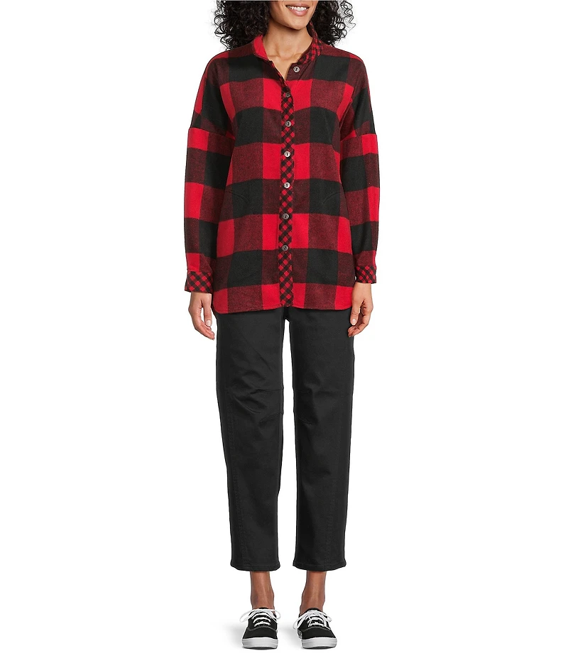 John Mark Woven Buffalo Plaid Wire Collar Long Sleeve Hi-Low Hem Button Front Tunic