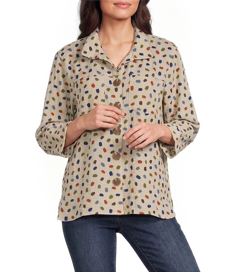 John Mark Woven Cheeta Print Wire Collar 3/4 Sleeve Button Front Blouse