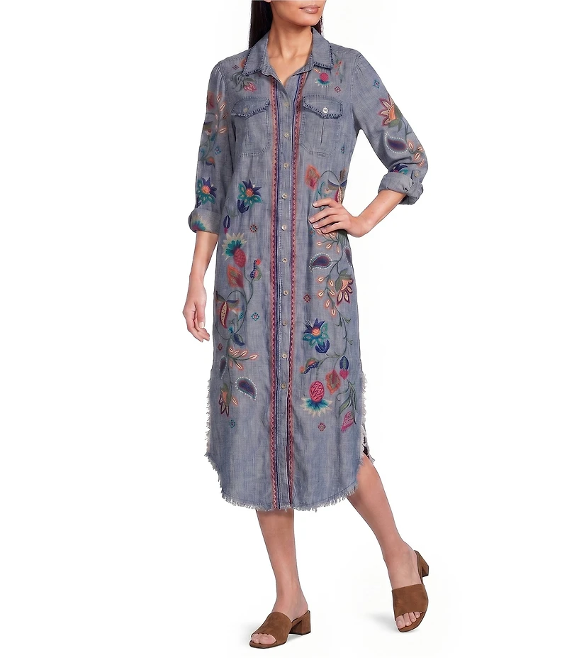 John Mark Woven Denim Floral Embroidered Point Collar Long Sleeve Shirt Dress