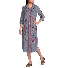 John Mark Woven Denim Floral Embroidered Point Collar Long Sleeve Shirt Dress