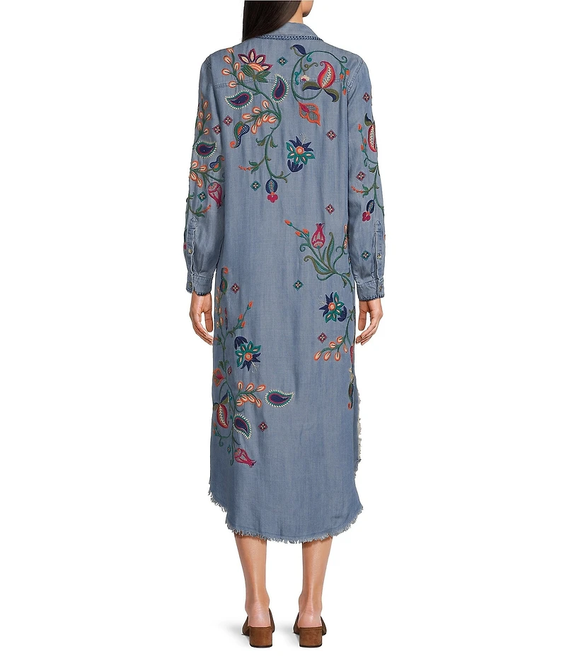 John Mark Woven Denim Floral Embroidered Point Collar Long Sleeve Shirt Dress
