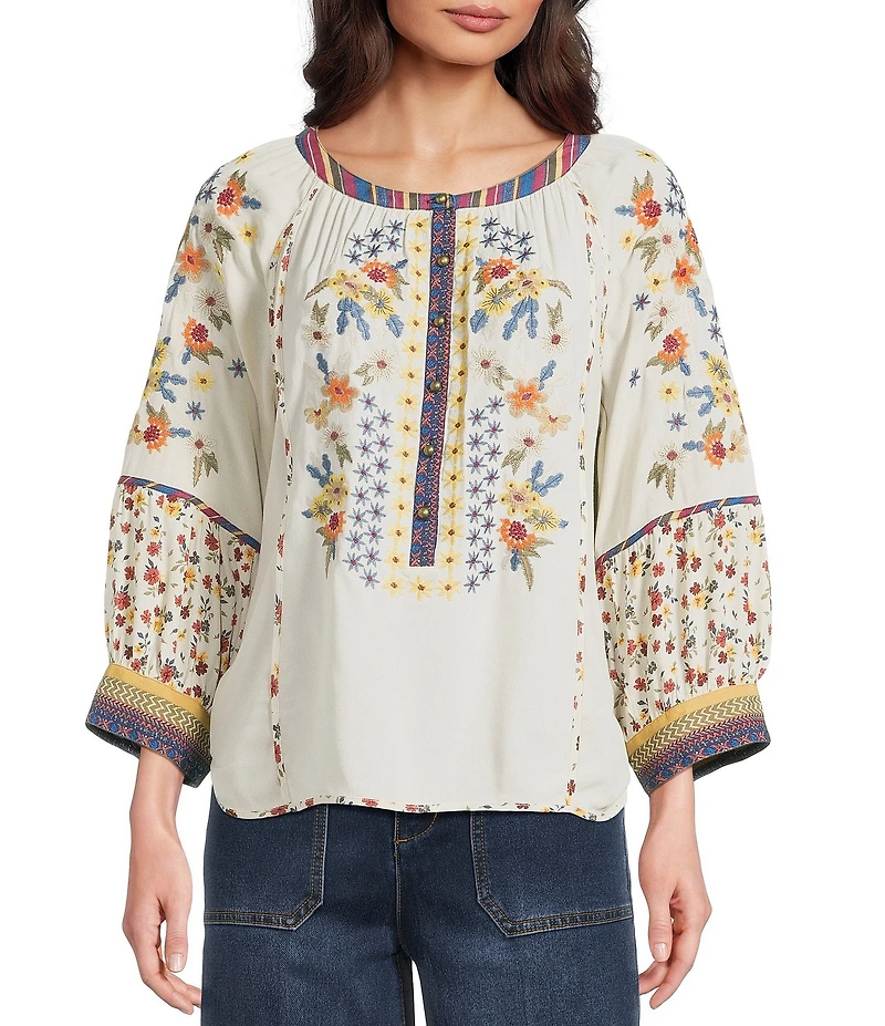 John Mark Woven Ditsy Floral Print Embroidered Scoop Neck 3/4 Sleeve Pullover Top