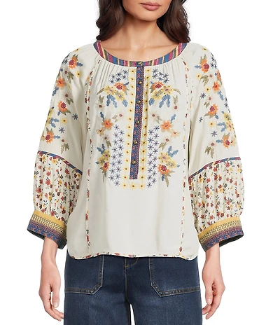 John Mark Woven Ditsy Floral Print Embroidered Scoop Neck 3/4 Sleeve Pullover Top