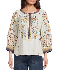 John Mark Woven Ditsy Floral Print Embroidered Scoop Neck 3/4 Sleeve Pullover Top