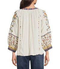 John Mark Woven Ditsy Floral Print Embroidered Scoop Neck 3/4 Sleeve Pullover Top