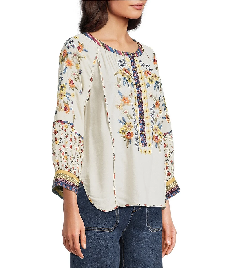 John Mark Woven Ditsy Floral Print Embroidered Scoop Neck 3/4 Sleeve Pullover Top
