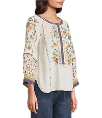 John Mark Woven Ditsy Floral Print Embroidered Scoop Neck 3/4 Sleeve Pullover Top