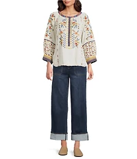 John Mark Woven Ditsy Floral Print Embroidered Scoop Neck 3/4 Sleeve Pullover Top