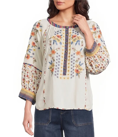 John Mark Woven Ditsy Floral Print Embroidered Scoop Neck 3/4 Sleeve Pullover Top