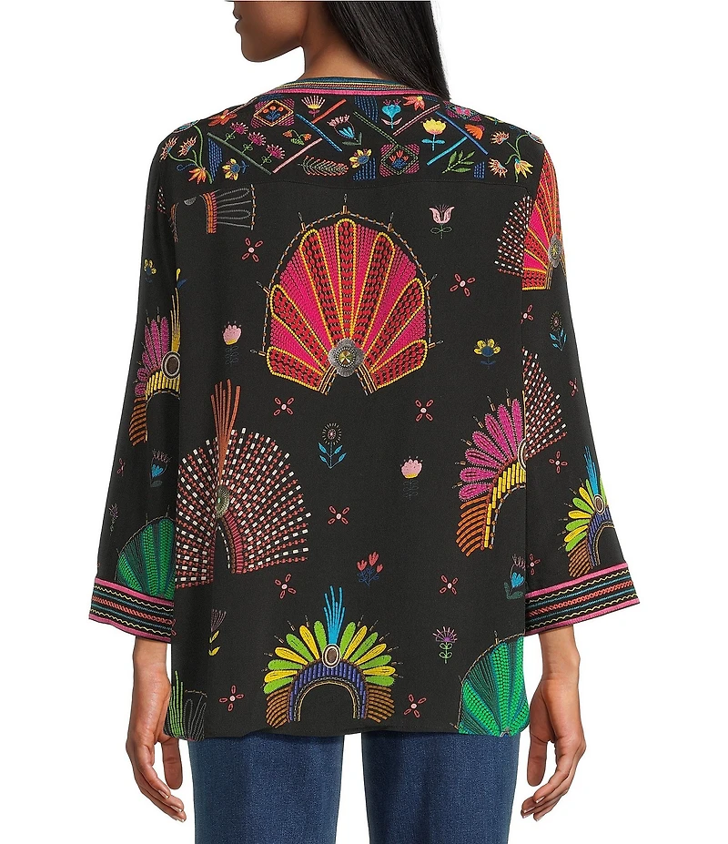 John Mark Woven Embroidered Banded Collar 3/4 Cuffed Sleeve Hi-Low Hem Tunic