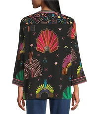 John Mark Woven Embroidered Banded Collar 3/4 Cuffed Sleeve Hi-Low Hem Tunic