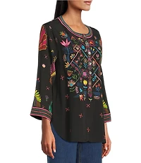 John Mark Woven Embroidered Banded Collar 3/4 Cuffed Sleeve Hi-Low Hem Tunic