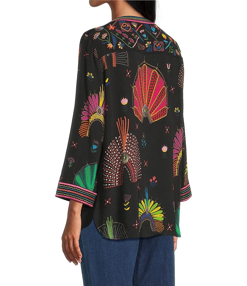 John Mark Woven Embroidered Banded Collar 3/4 Cuffed Sleeve Hi-Low Hem Tunic