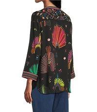 John Mark Woven Embroidered Banded Collar 3/4 Cuffed Sleeve Hi-Low Hem Tunic