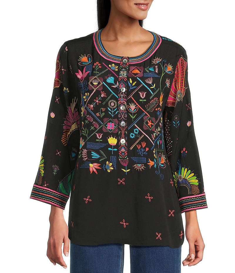 John Mark Woven Embroidered Banded Collar 3/4 Cuffed Sleeve Hi-Low Hem Tunic