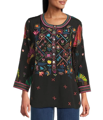John Mark Woven Embroidered Banded Collar 3/4 Cuffed Sleeve Hi-Low Hem Tunic