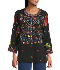 John Mark Woven Embroidered Banded Collar 3/4 Cuffed Sleeve Hi-Low Hem Tunic