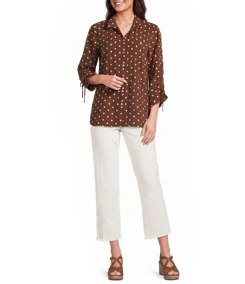 John Mark Woven Embroidered Dot Print Wire Collar 3/4 Sleeve Top