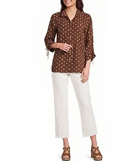 John Mark Woven Embroidered Dot Print Wire Collar 3/4 Sleeve Top