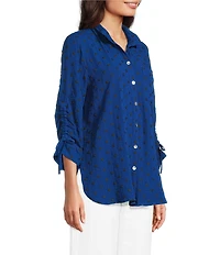 John Mark Woven Embroidered Dot Print Wire Collar 3/4 Sleeve Top