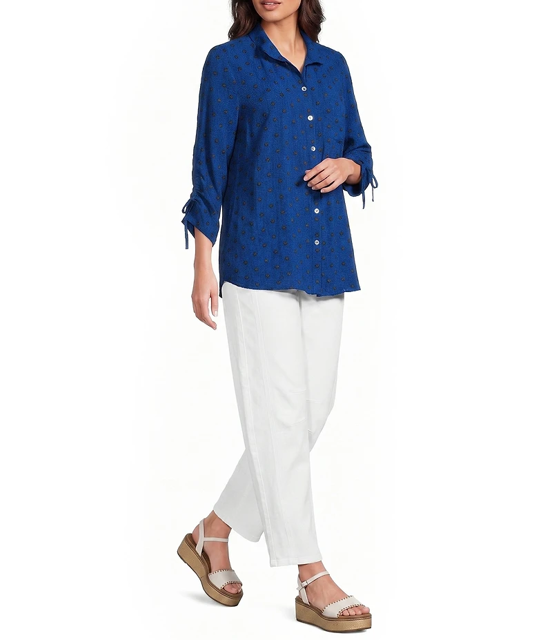John Mark Woven Embroidered Dot Print Wire Collar 3/4 Sleeve Top