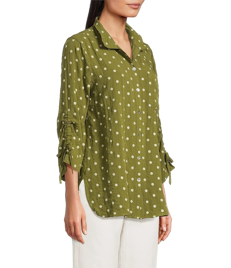 John Mark Woven Embroidered Dot Print Wire Collar 3/4 Sleeve Top