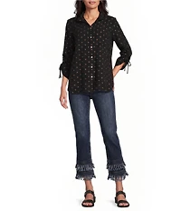 John Mark Woven Embroidered Dot Print Wire Collar 3/4 Sleeve Top