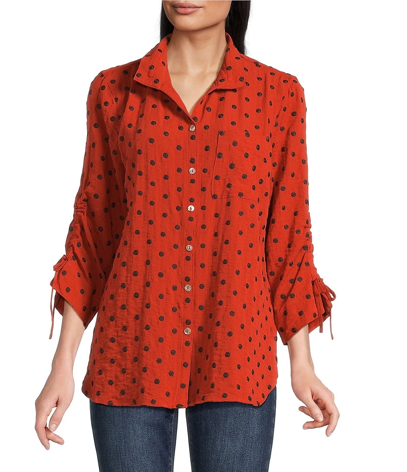John Mark Woven Embroidered Dot Print Wire Collar 3/4 Sleeve Top