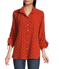 John Mark Woven Embroidered Dot Print Wire Collar 3/4 Sleeve Top