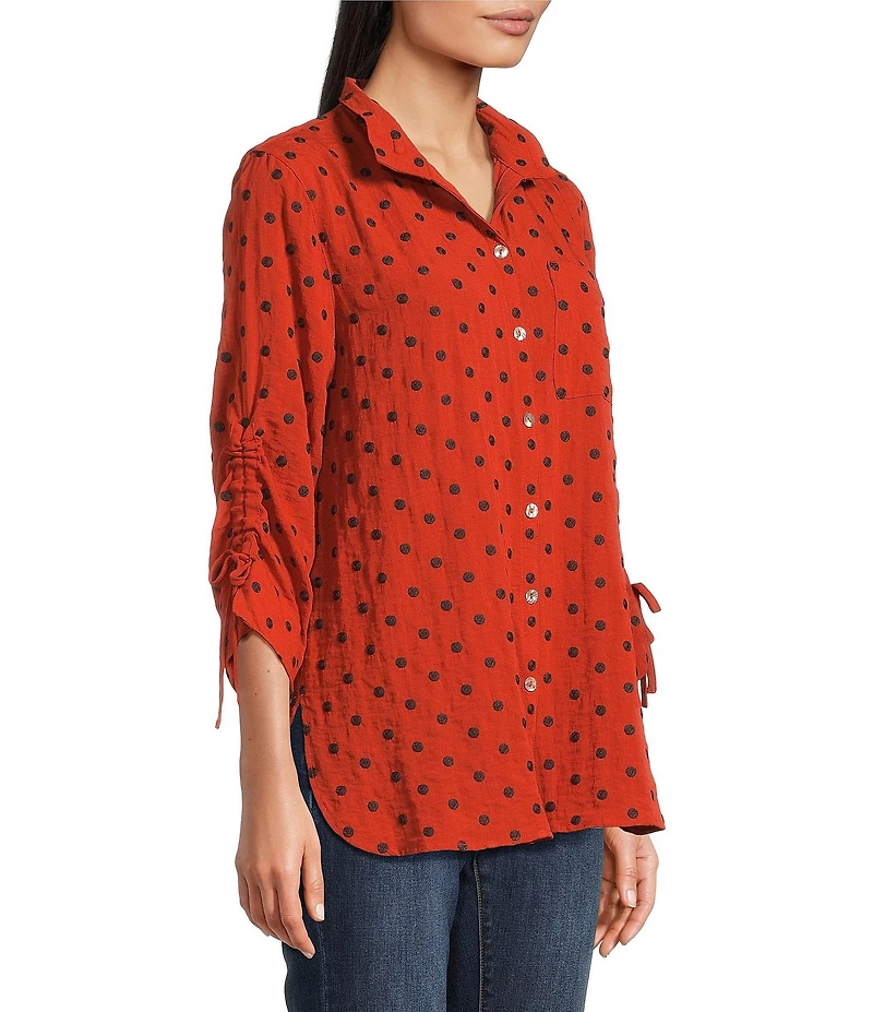John Mark Woven Embroidered Dot Print Wire Collar 3/4 Sleeve Top