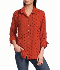John Mark Woven Embroidered Dot Print Wire Collar 3/4 Sleeve Top