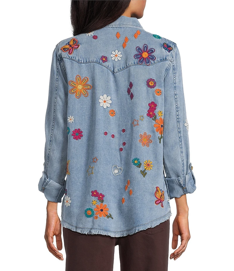 John Mark Woven Embroidered Floral And Butterfly Spread Collar Long Sleeve Blouse