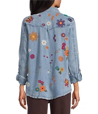 John Mark Woven Embroidered Floral And Butterfly Spread Collar Long Sleeve Blouse