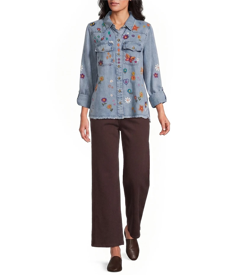 John Mark Woven Embroidered Floral And Butterfly Spread Collar Long Sleeve Blouse
